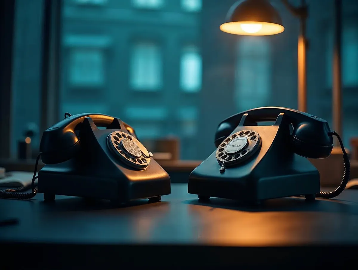 Dos teléfonos antiguos enfrentados sobre una mesa: telemarketing frente a phoning